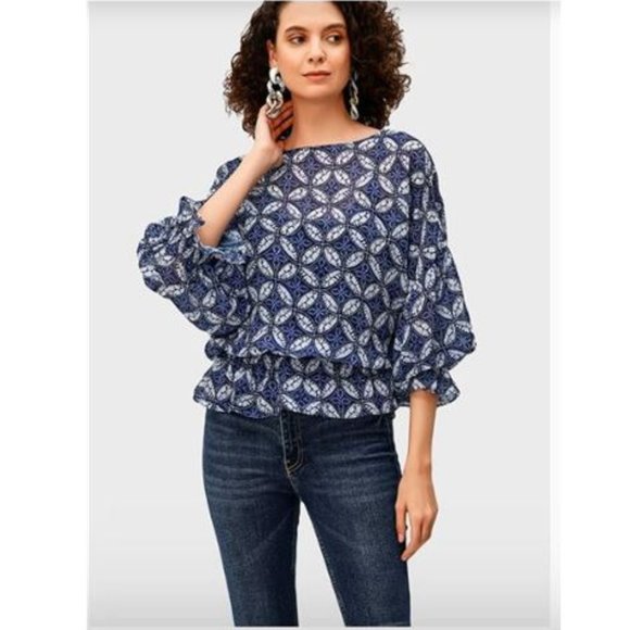 NWOT eShakti blue and white print sheer top - Picture 13 of 15